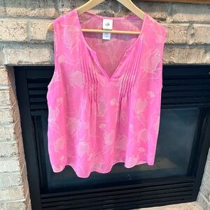CAbi Pink Corsage Floral Pleated V-Neck Sleeveless Top